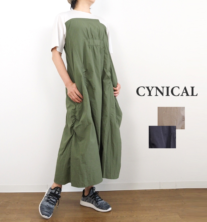 CYNICAL シニカル 異素材配色ワンピース コットンスムース×ナイロンタフタ 半袖 ロングワンピース