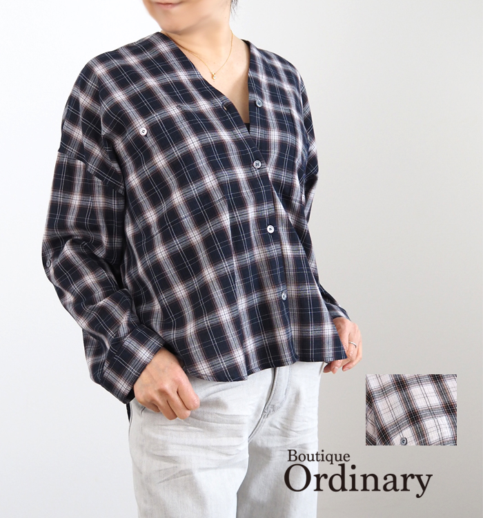 Boutique Ordinary ブティークオーディナリー ノーカラーチェックワイドシャツ