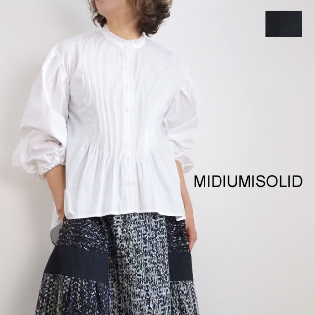 サマーセール ミニグランド バンドル MIDUMSOLID ピンタック ブラウス 長袖シャツ バンドカラー フリル トップス