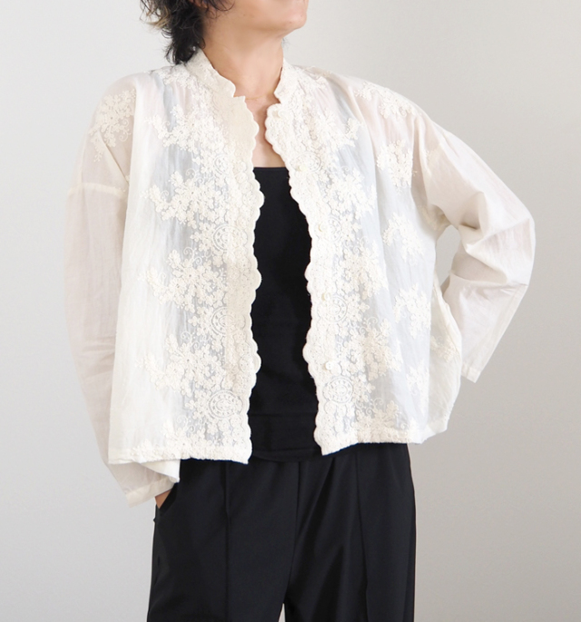 mizuiro ind ミズイロインド シャツ ワイド レーススタンドカラー レディース