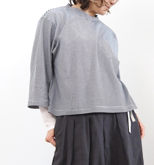 MidiUmi ミディウミ モックネックボーダーワイドTシャツ