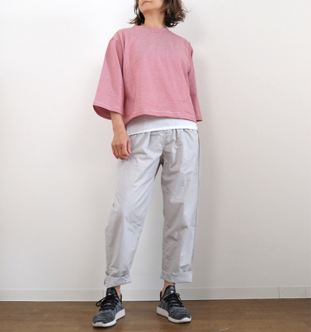 MidiUmi ミディウミ モックネックボーダーワイドTシャツ