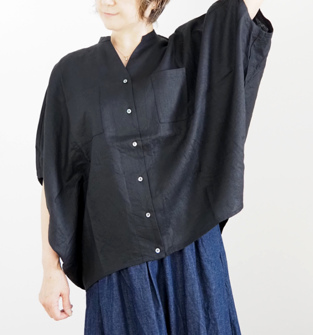 【未使用品】【最終お値下げ】ミズイロインド リネンスタンドカラー コクーンシャツ 2-230083]mizuiro ind(ミズイロインド) リネンスタンドカラー