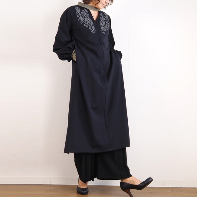 45R 5部袖 ワンピース 綿 リネン ラミー 刺繍 ピンク 日本製 SALE THURIUM スリウム コード刺繍長袖ワンピース レディース