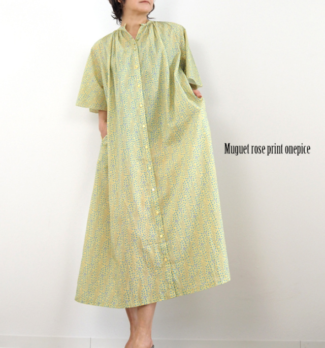 PONT DE CHALONS ポンデシャロン プリントワンピース ギャザーネック 5分袖 レディース