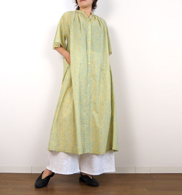 PONT DE CHALONS ポンデシャロン プリントワンピース ギャザーネック 5分袖 レディース