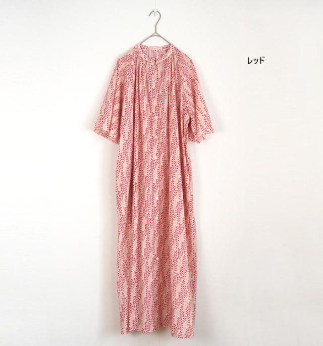 PONT DE CHALONS ポンデシャロン プリントワンピース ギャザーネック 5分袖 レディース