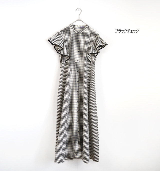 PONT DE CHALONS ポンデシャロン フリル袖チェックフレアーワンピース