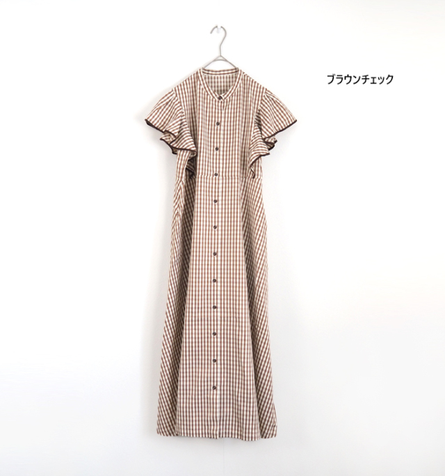 PONT DE CHALONS ポンデシャロン フリル袖チェックフレアーワンピース