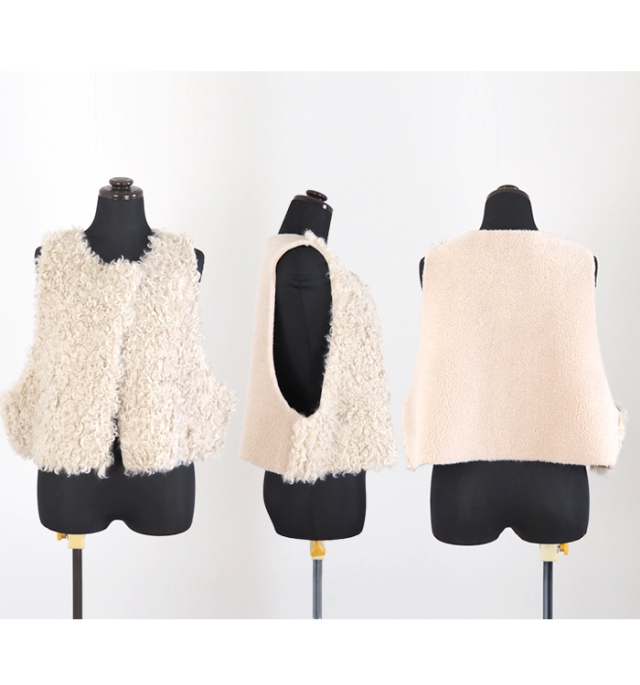 Munich ミューニック リバーシブルジレ カーリーフェイクファーxシープボア レディース