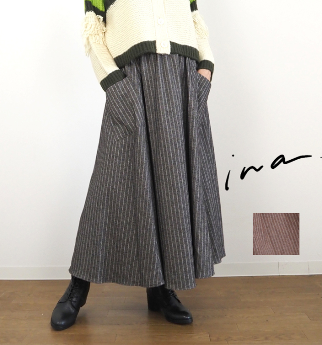 ina イナ ロングフレアースカート ウエストゴム コットン レディース