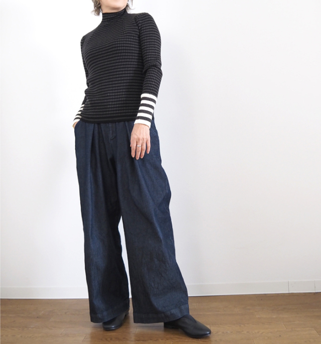 MARECHAL TERRE マルシャルテル ハイネックニットプルオーバー 前後ピッチ切替ボーダー×配色袖口 