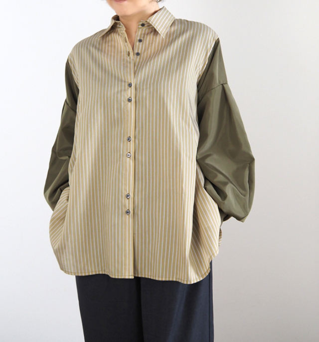 MARECHAL TERRE マルシャルテル ストライプ×無地 切替ルーズシャツ ボリュームスリーブ