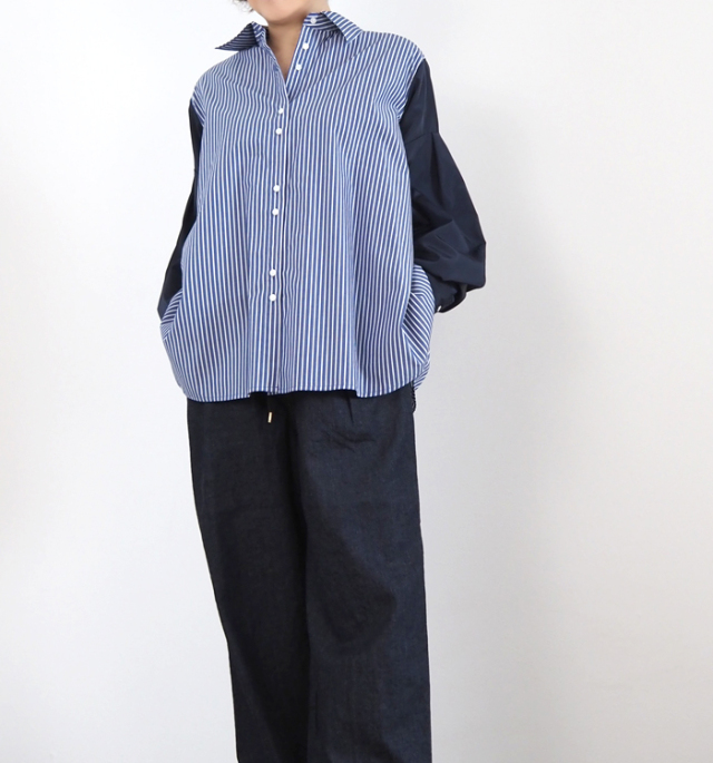 MARECHAL TERRE マルシャルテル ストライプ×無地 切替ルーズシャツ ボリュームスリーブ