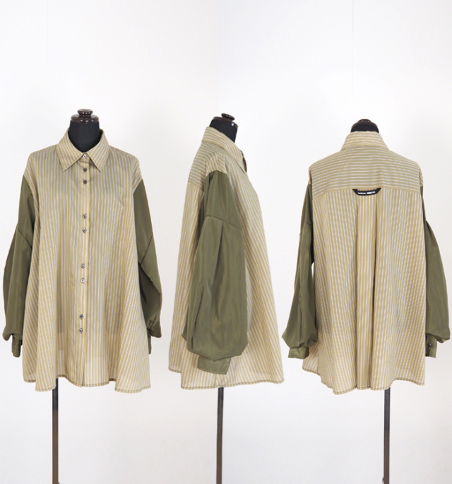 MARECHAL TERRE マルシャルテル ストライプ×無地 切替ルーズシャツ ボリュームスリーブ