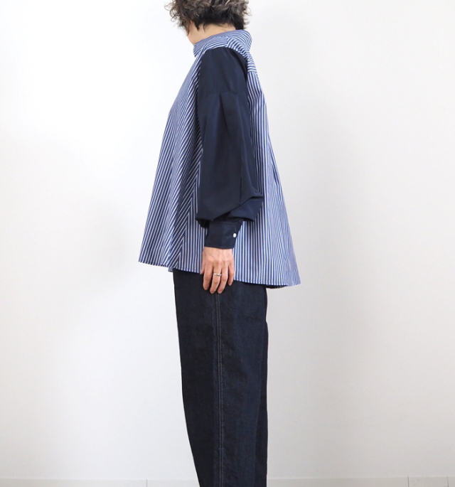 MARECHAL TERRE マルシャルテル ストライプ×無地 切替ルーズシャツ ボリュームスリーブ