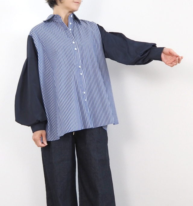 MARECHAL TERRE マルシャルテル ストライプ×無地 切替ルーズシャツ ボリュームスリーブ