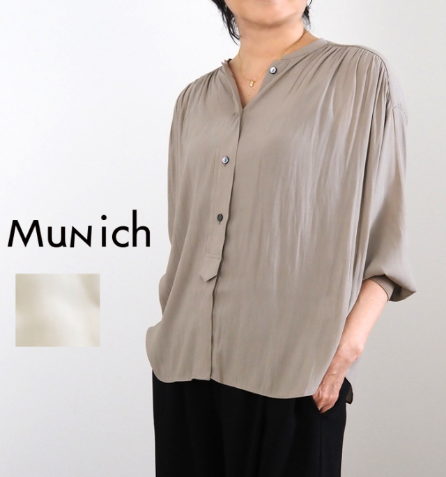 Munich ミューニック リブカフス バンドカラーブラウス レディース