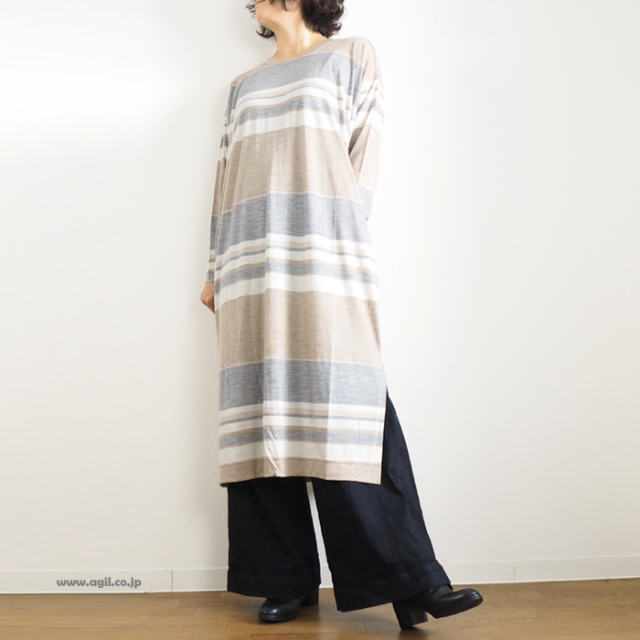 Squady スカディ サックワンピース ウールジャージィパネルボーダー レディース