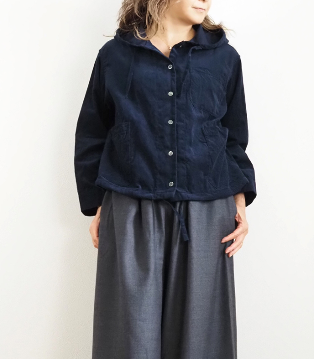 MidiUmi ミディウミ コーデュロイフード付きシャツ レディース/ネイビー