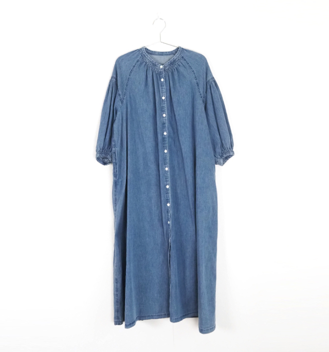 cafune カフネ ロングワンピース ダンガリーギャザーネック 7分袖 レディース