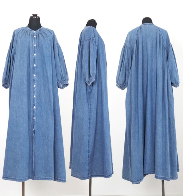 cafune カフネ ロングワンピース ダンガリーギャザーネック 7分袖 レディース