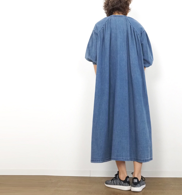 cafune カフネ ロングワンピース ダンガリーギャザーネック 7分袖 レディース