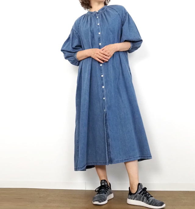 cafune カフネ ロングワンピース ダンガリーギャザーネック 7分袖 レディース