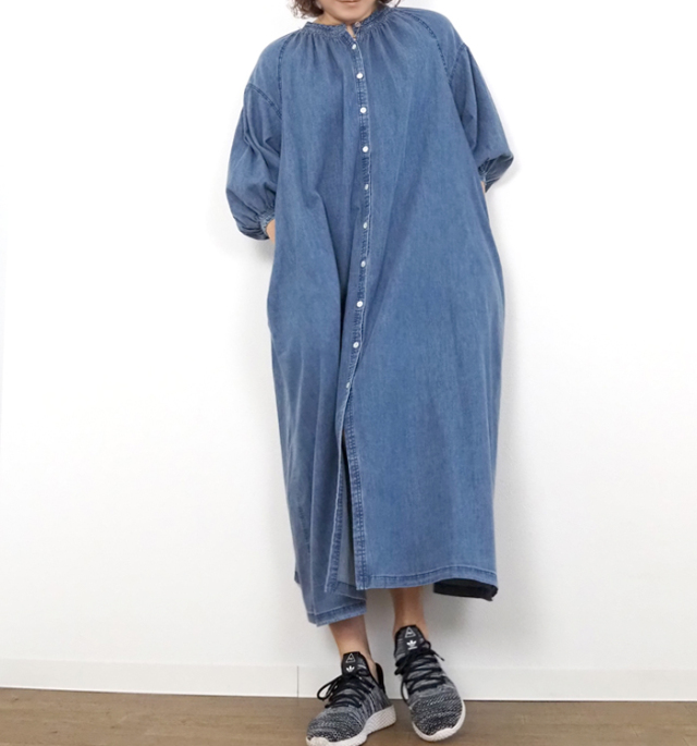 cafune カフネ ロングワンピース ダンガリーギャザーネック 7分袖 レディース