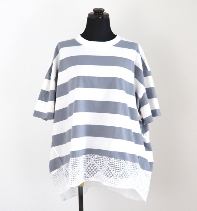 sosotto ボーダー×レース切替 ワイドTシャツ