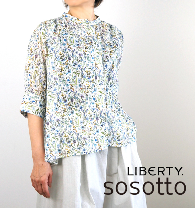 sosotto ソソット リバティプリント ギャザーネックブラウス 6分袖 シアー素材