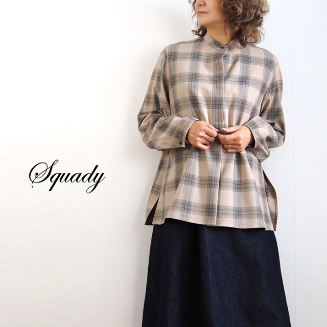 Squady スカディ バンドカラー長袖チェックシャツ レディース