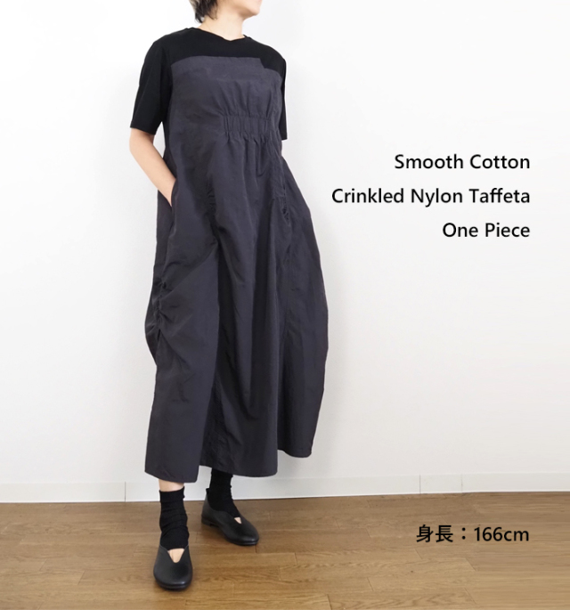 CYNICAL シニカル 異素材配色ワンピース コットンスムース×ナイロンタフタ 半袖 ロングワンピース