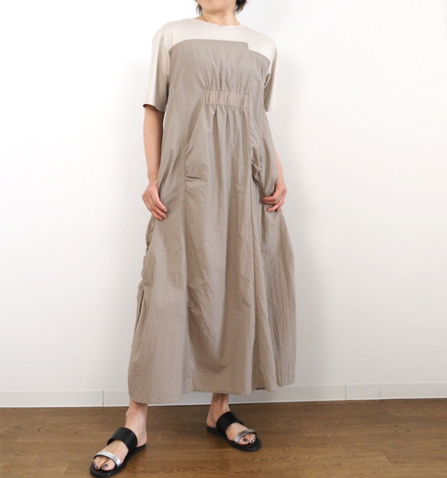 CYNICAL シニカル 異素材配色ワンピース コットンスムース×ナイロンタフタ 半袖 ロングワンピース