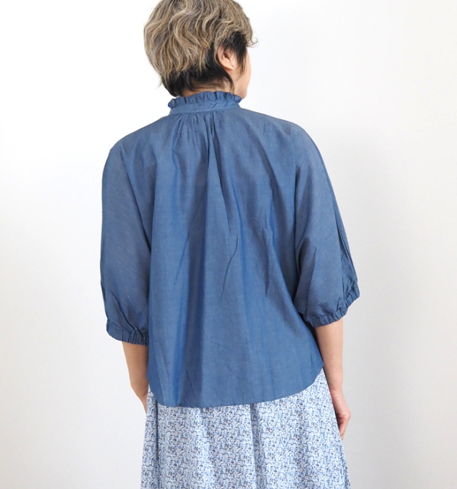 NARU ナルファクトリー 2.25ozデニム ターキーシャツ フリルネックブラウス