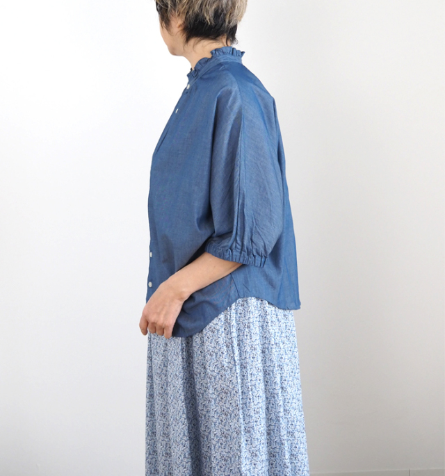NARU ナルファクトリー 2.25ozデニム ターキーシャツ フリルネックブラウス