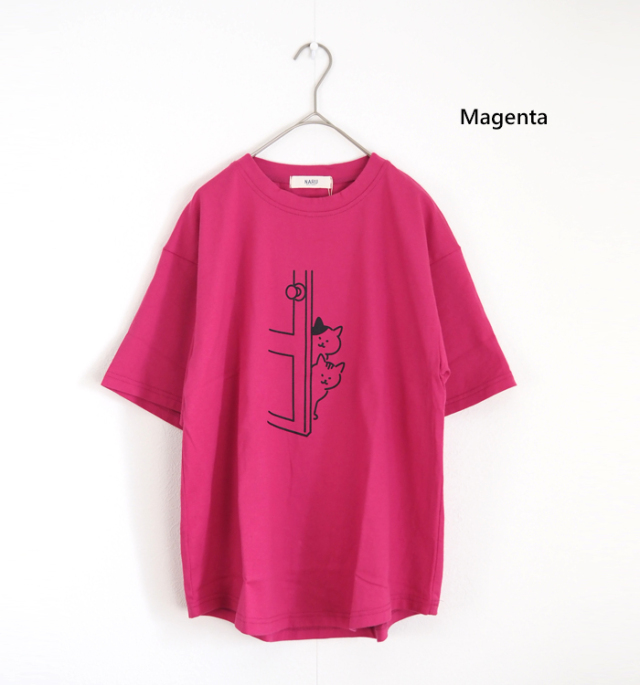 NARU ナルファクトリー 猫プリント 半袖Tシャツ 綿100% 天竺