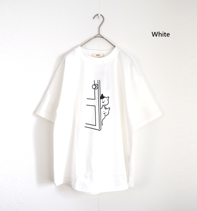NARU ナルファクトリー 猫プリント 半袖Tシャツ 綿100% 天竺 671005