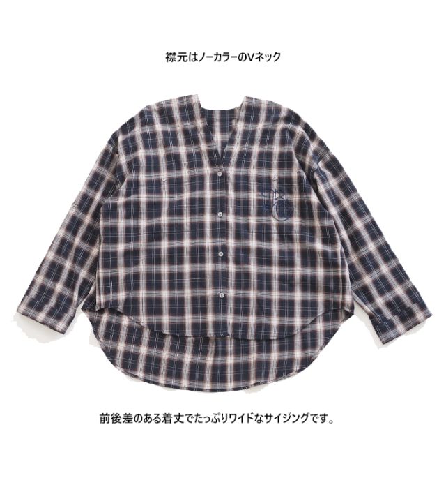 Boutique Ordinary ブティークオーディナリー ノーカラーチェックワイドシャツ