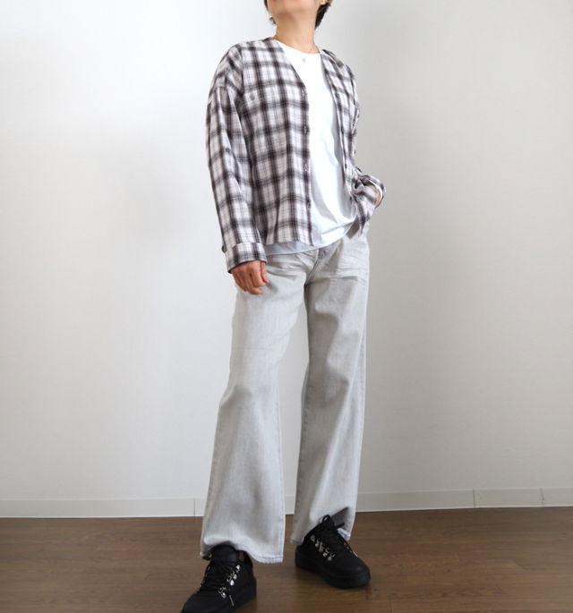 Boutique Ordinary ブティークオーディナリー ノーカラーチェックワイドシャツ