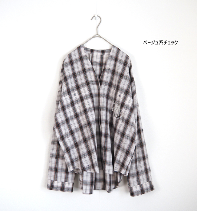 Boutique Ordinary ブティークオーディナリー ノーカラーチェックワイドシャツ