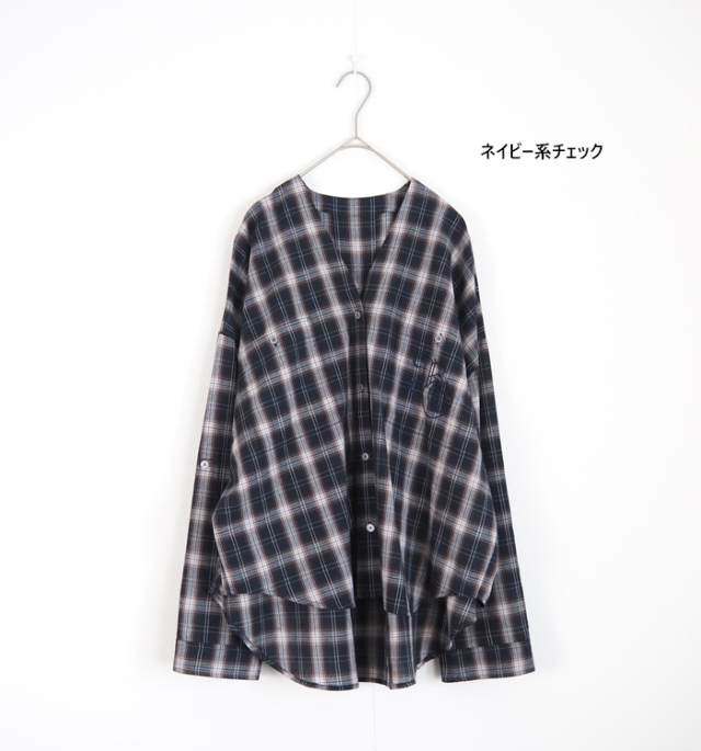 Boutique Ordinary ブティークオーディナリー ノーカラーチェックワイドシャツ