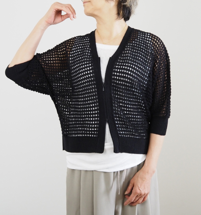 Boutique Ordinary ブティークオーディナリー ドルマンジップカーディガン 透かし編み 