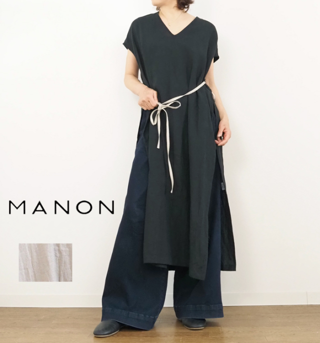 MANON マノン フレンチリネンサイドリボンワンピース Vネック