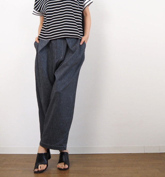 MANON マノン タックワイドパンツ 麻混 レディース