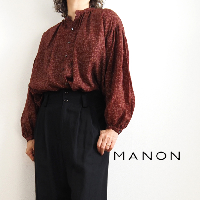 MANON マノン 長袖ギャザーシャツ ドットプリント アミカルシャツ レディース