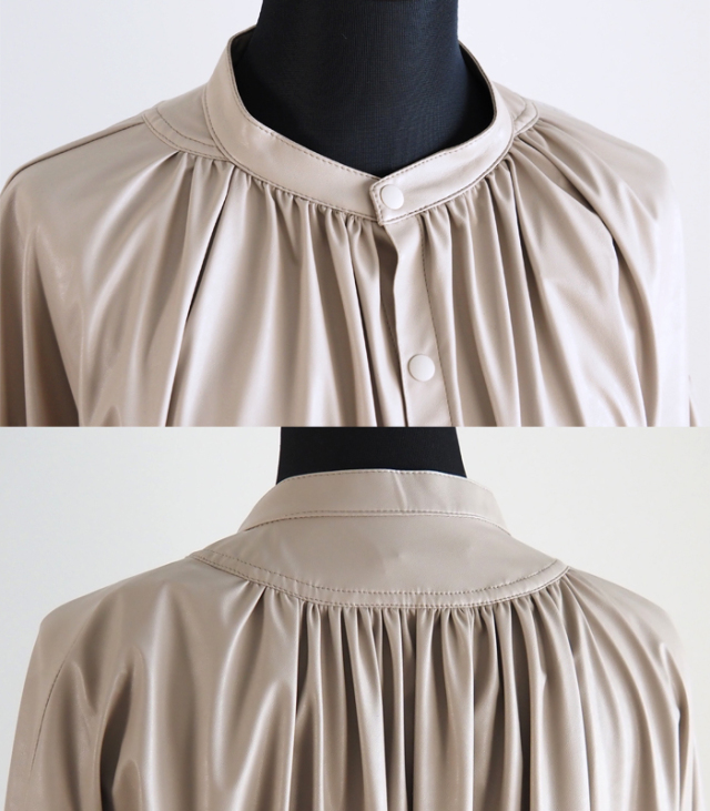 MANON マノン アミカルシャツ 長袖 フェイクレザー ギャザーブラウス レディース