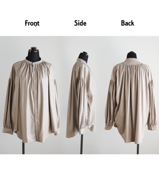 MANON マノン アミカルシャツ 長袖 フェイクレザー ギャザーブラウス レディース