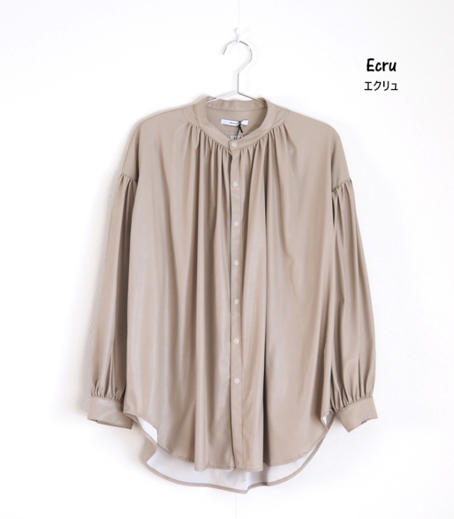 MANON マノン アミカルシャツ 長袖 フェイクレザー ギャザーブラウス レディース