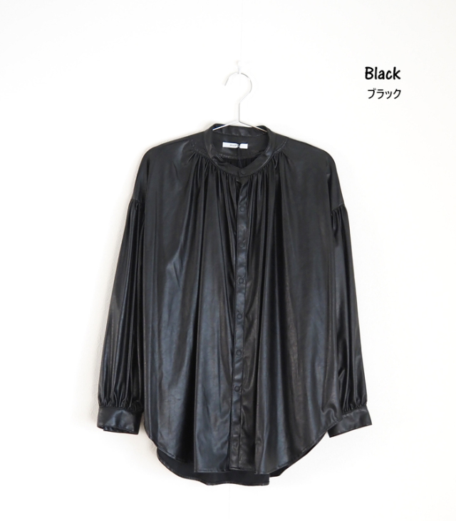 MANON マノン アミカルシャツ 長袖 フェイクレザー ギャザーブラウス レディース